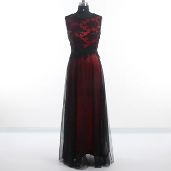 אישור שמלות ערב O-צוואר בורגנדי תחרה שחורה ללא שרוולים ישר באורך רצפת רוכסן בחזרה נשים שמלת מסיבת C433