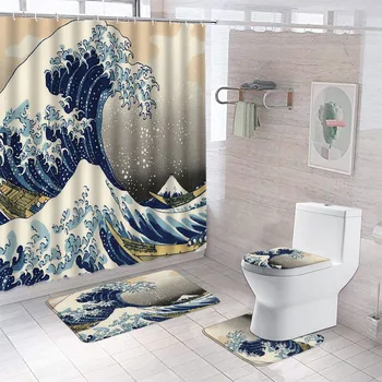 יפן נהדר גל הדפסה וילון מקלחת להגדיר אסיה ציור אמנות בד וילון אמבטיה החלקה לאמבטיה, השטיח מכסה האסלה כיסוי הרגל מחצלת