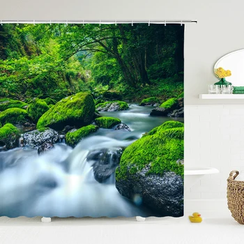 איכות גבוהה 3D ירוק צמח מפל וילון אמבטיה ，נוף יער וילון אמבטיה בד פוליאסטר עמיד למים 180X200cm