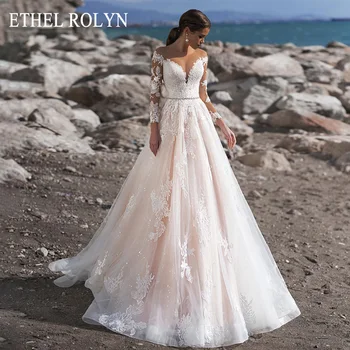 אתל ROLYN בוהו שמלת החתונה 2023 בלתי נראה צווארון שרוול ארוך שמלת החתונה אשליה חרוזים אפליקציות Vestidos דה נוביה