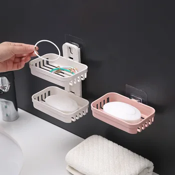 סבון כלים לא קידוח קיר רכוב שכבה כפולה מחזיק סבון סבון ספוג צלחת אביזרי אמבטיה סבון כלים דבק עצמי