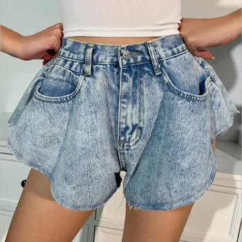 גבוהה המותניים סקסי ג ' ינס מכנסיים קצרים לנשים מוצק מקפלים קיפול הנשי קוריאני אופנה מכנסיים קצרים