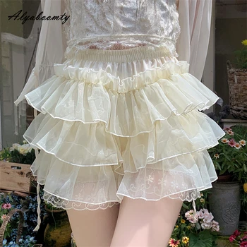 יפנית לוליטה סגנון קיץ נשים, תחתונים קצרים שכבות קפלים Kawaii חמוד Tierred קצרים גבוהה המותניים כדור שמלה מכנסיים קצרים