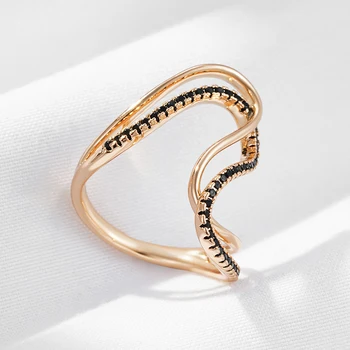 Wbmqda ייחודי שחור לבן טבעי זירקון הטבעת לנשים 585 רוז זהב צבע אופנתי גיאומטריות מעוות עיצוב יומי תכשיטים יפים