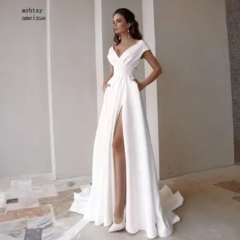 פשוט בוהו בתוספת גודל שמלת החתונה 2023 V-צוואר שרוול קצר קו שמלות כלה צד פיצול רכבת לטאטא Vestido De Noiva