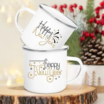 Happy new שנת הדפסה ספלים אמייל כוסות קפה להתמודד עם שוקו חם עם שוקולד כוס ילדים ארוחת בוקר חלב בספל מתנת החג למשפחה