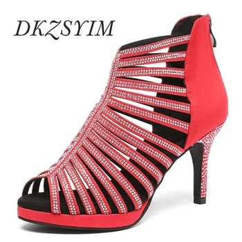 DKZSYIM נעלי נשים ריינסטון הולו-out ריקוד נעלי שחור/אדום טנגו רשת נעלי ריקוד לנשים נעלי ריקוד סלוניים