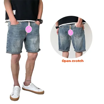 חיצוני בלתי נראה פתח מפשעה סקס ג ' ינס של גברים מזדמן קלאסי מתאים שרוך קיץ החוף מכנסיים קצרים עם גומי במותניים וכיסים