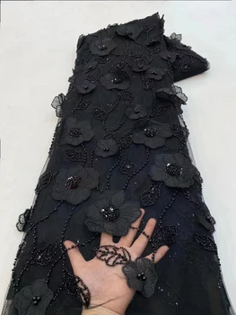 אופנה שחור 3D בעבודת יד חרוזים תחרה צרפתי בד 2023 אפריקה הניגרי פאייטים טול תחרה בד המפלגה בגדים PXX23148