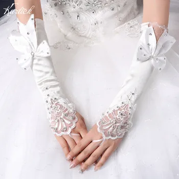 אלגנטית כלה כפפות עם קשת חרוזים לבן/שנהב אופנה אביזרים החתונה חדש אצבעות כפפות חתונה