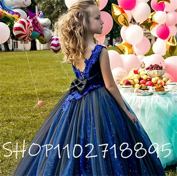 כחול בנות שמלות לטפס ילדה שמלות צד אפל טול תחרה או צוואר שמלות ערב בנות תחרות שמלות
