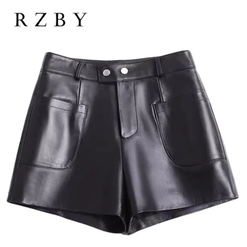 RZBYGenuine עור נשים מכנסיים קצרים סתיו גבוהה המותניים шорты женские כבש נשי מזדמן קו רחב הרגל מכנסיים מגפיים RZBY2552