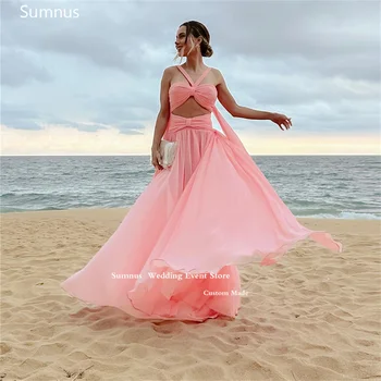 Sumnus חוף שיפון ערב שמלות בוהו הקולר ללא משענת קו חריץ אורך רצפת Vestidos דה גאלה שמלת מסיבת החתונה 2023