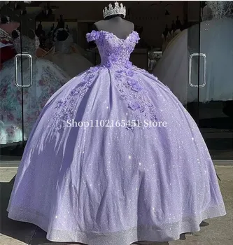 לבנדר הטקס שמלות נצנצים תחרה 16 את כתף פרחוני 3D אפליקציה מחוך חרוזים שמלה Vestidos דה