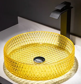 הכיור בחדר האמבטיה צהוב מזג זכוכית קריסטל כיור גליל אגן מלון יוקרה מרפסת כלי כיור עם ברז 400*400*105 מ 