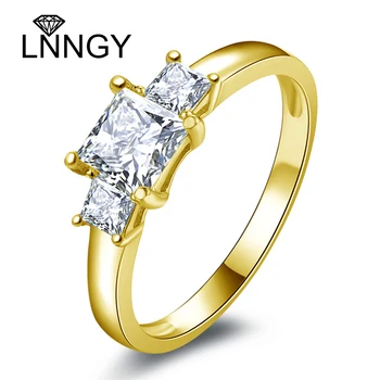 Lnngy 10K טהור זהב צהוב Moissanite טבעת סוליטייר עבור זוגות מעולה טבעות אירוסין שלושה כיכר אבן Faux Bague