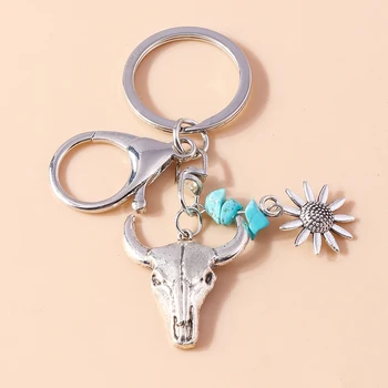 אתני אבן טורקיז בול מחזיק מפתחות קסמי סגסוגת חמניות Keyrings עבור גברים, נשים, מפתח הרכב בעל תליון תיק DIY תכשיטים מתנות